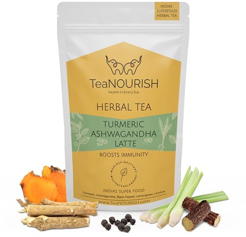 TeaNOURISH Kurkuma Ashwagandha Latte | Goldenes Milchpulver | Authentisches indisches Heilmittel | Unterstützt die Immunität und verbessert die allgemeine Gesundheit | 100% NATÜRLICH – 100 g