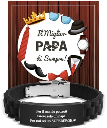 VGWON Bracciale Papà, Regalo Festa del Papà, Bracciale Acciaio Inossidabile | Bracciale Nero In Acciaio Inossidabile In Silicone con Incisione Laser Papà, Bracciale uomo Regalo Compleanno Natale per Papa