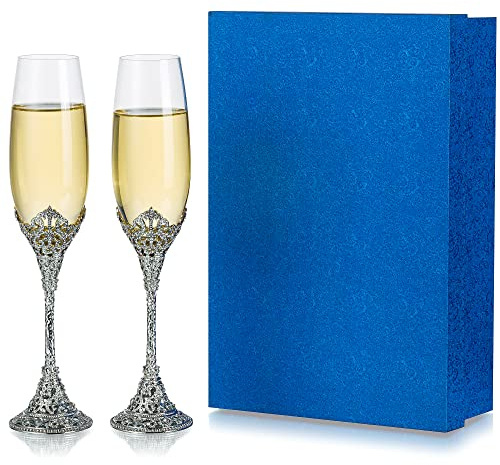 Inweder Sektgläser Silber Champagner Gläser: 2er Set Champagnergläser Kreativer Metallsockel mit Kristallen Personalisierte Weingläser Verlobung Hochzeits Geschenke für Braut Bräutigam Jahrestag