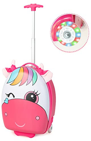 COSTWAY Kinderkoffer mit Plüschohren, Kindertrolley mit 2 blinkenden Rädern & 2-stufigem Teleskopgriff, Kinder Handgepäck Reisegepäck Hartschalenkoffer für Jungen & Mädchen (Rosa Pferd, 16)