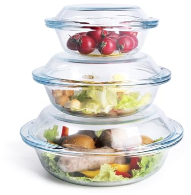 HUSANMP Rund Auflaufform aus Gehärtetem Glas Set, Glas Backform mit Deckel für Backofen, Gefrierschrank und spülmaschinenfest (0,5L + 1,0L + 1,8L)