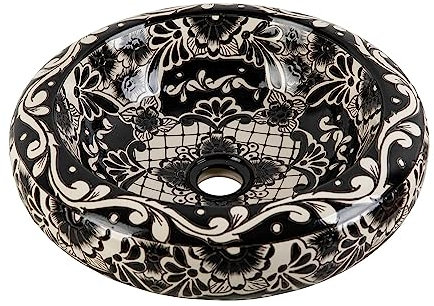 Cerames Serena Prima - Farbiges Waschbecken aus Keramik in Schwarz, Mexikanische Rund Aufsatzwaschbecken | 40 cm Keramik Talavera Waschbecken aus Mexiko