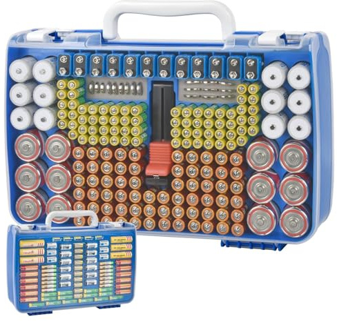 Xuerdon Batterie Aufbewahrungsbox Für 269 AA AAA 9V C DBatterien Mit Tester | Robuste Kunststoff-Hartschale, transparenter Deckel und Tragegri, für Familien Werkstatt Garage - Nur Box