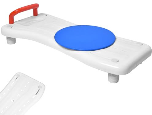 XMTECH Asiento de bañera para personas mayores, tabla para sentarse con mango ergonómico moldeado, antideslizante, de plástico, tabla de ducha para bañera y baño, con mango rojo y plato giratorio