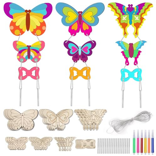 FIHODONE 9 Stück Windspiel Bastelset Kinder Schmetterling,Kindergeburtstag Basteln,Holz Basteln Kinder,Schmetterlinge Deko Bastelset für Mädchen Junge DIY