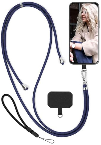 moex Unleash für Samsung Galaxy S24 Handyband zum Umhängen ohne Hülle, Handykette Universal mit Karabiner, Handy Band abnehmbar, Kette mit Pad für Handyhülle, Blau, Silber