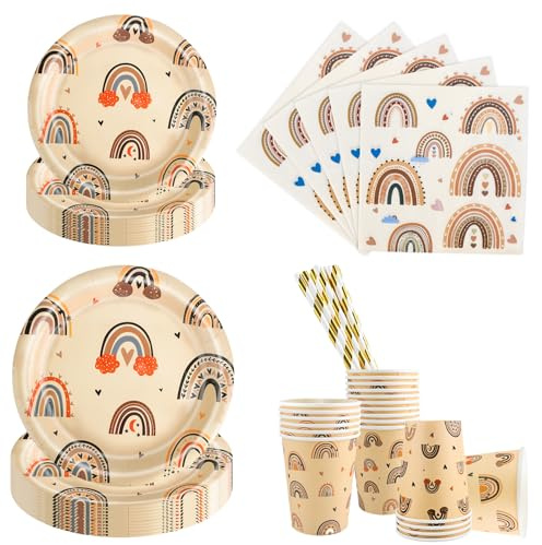 Aitsite Lot de 100 Pièces de Vaisselle Bohème Arc-en-Ciel pour 20 Invités - Ensemble de Décoration de Fête d'Anniversaire avec Assiettes, Gobelets et Serviettes