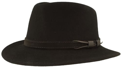 Bred utomhus filt hatt trekking-hatt ullhatt av 100 % ull – hatt vattenavvisande och vikbar – med läderuppsättning – för män och kvinnor, Svart läderrem, 56 cm
