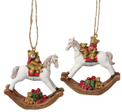 Boltze Bären auf Schaukelpferd Weihnachtsbaumanhänger „Brooks“ aus Harz mit Geschenken, handbemalt 7x2xH7 cm 2 Varianten (1Stk) A
