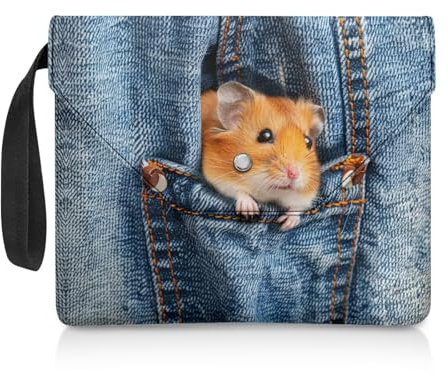 NETILGEN Buchhülleschoner Buchschutzhülle waschbar Taschenbuch Geldbörse mit Knopf für Taschenbuch, Notizbuch, Lehrbuch, wiederverwendbar, Bucheinband, Hamster Denim