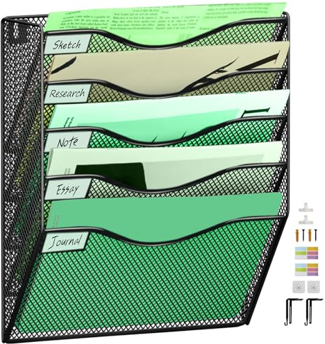 IOUGDSEC 5-stöckiger Netz-Wandordner, vertikaler Hängeregistratur-Organizer, Büro-Hängeregister, Zeitschriftenständer, Namensschild-Haken-Set inklusive, Schwarz