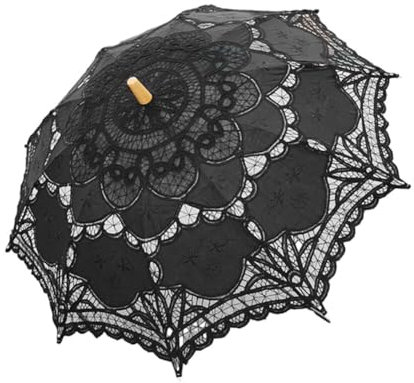 ihreesy Spitze Sonnenschirm Regenschirm, Brautschirm Spitze Deko Damen Hochzeitsschirm UV-Schutz Stickerei Vintage Spitzenschirm für Hochzeit Brautsonnenschirm und Fotografie Requisiten,Schwarz