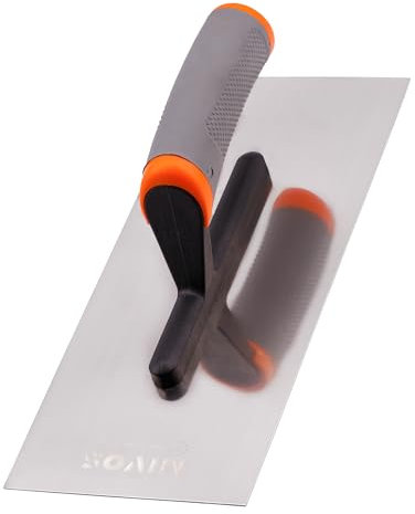 MIVOS Cazzuola in Acciaio inox - 280 x 120 mm - Impugnatura Ergonomica e Morbida - Tavola Lisciante per intonaco e Muratura - Disco Lisciatore - Made in Ue