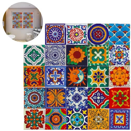 24 Pack Vintage Kitchen Wall Tiles 10x10cm Moroccan Tile Stickers Colorful Self Adhesive Vinyl Peel and Stick on Tile Waterproof Transfers Covers Decals for Kitchen Bathroom DIY Home Decors