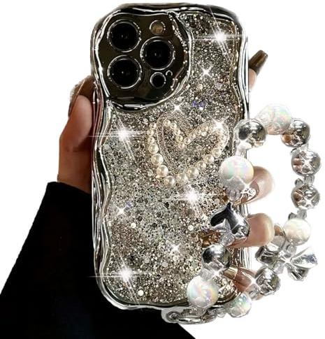 AuroiCCY for iPhone 15 Pro Max Case with Beaded Marble Wrist Strap Super Sparkly Phone Case with Silvery Foil Glitter Rhinestone Pearl Cute Love Heart Girly Women Phone Case for iPhone 15 Pro Max