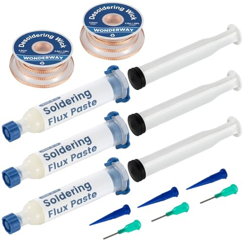 3x10cc Lead-Free No-Clean Solder Flux & 2x10Ft Desoldering Wick(25mm) Electronics Repair Kit for PCB, SMD & Component Soldering