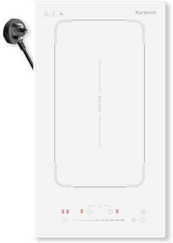 Karienvir Plaque de cuisson à induction blanche 30 cm, 2 zones avec zone étendue, plaque à induction de cuisine 2800 W avec prise, boost, minuterie 99 minutes, verrouillage de sécurité, 220-240 V