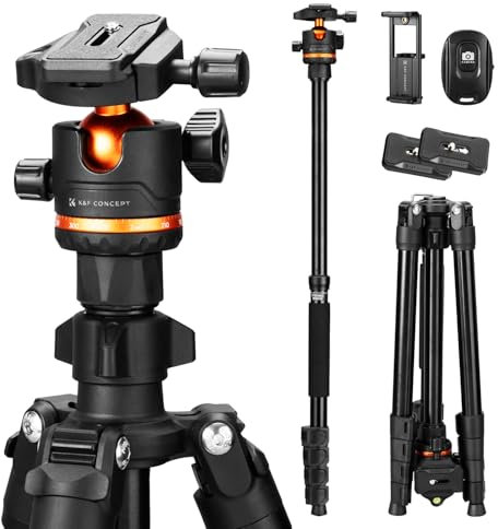 K&F CONCEPT Trípode Camera 192cm O275A5+BH-36 con Cabeza Esférica, Trípode para Viaje Capacidad de Carga 8kg con Soporte para Tablet y Mando a Distancia