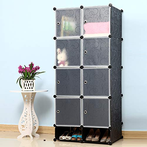 UISEBRT Kleiderschrank Regalsystem 8 Würfel DIY Garderobenschrank Kunststoff Schlafzimmerschrank Steckregal mit Tür und Schuhschrank für Kleidung Bücher Spielzeug - 105x35x140cm Schwarz
