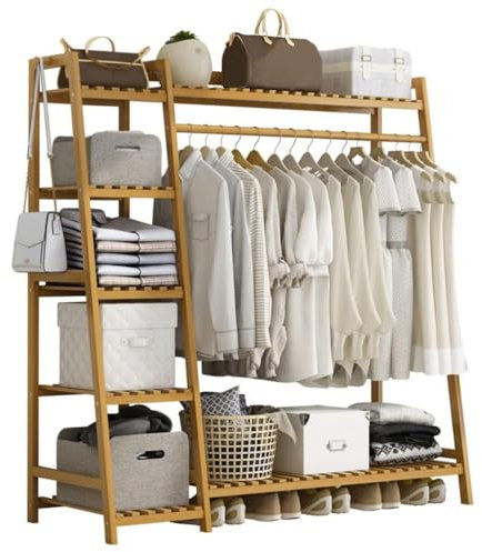 Neo Natural Bamboo Garment Clothes Rack Storage Shelf Hanging Rail Side Hooks for Entryway Bedroom Bathroom and Office
