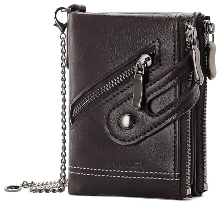 LOUEBICA Wallet for Men Large Capacity RFID Blocking Leather Bifold Wallet with Double Zipper Pockets and Front Zipper Pocket