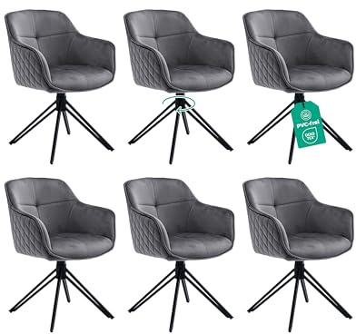 Linele Esszimmerstühle 6er Set Grau mit Samtbezug | Federkern, 360° Drehbar, Retrostil, PVC-frei & Oeko-TEX Zertifiziert, Einfache Montage
