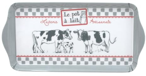 Efya Plateau de Service Le Pot à Lait, Mélamine, Motif Vaches, 30 x 15 cm, Gris et Blanc