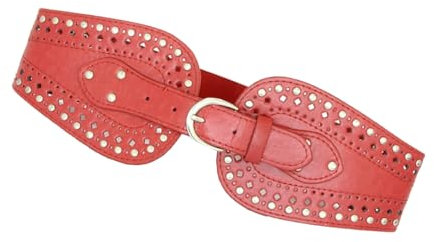 YUXITA Stilvoller Nietengürtel, modischer PU-Leder-Bund, breiter Taillengürtel für Freizeit und Party, rot, 80-100cm