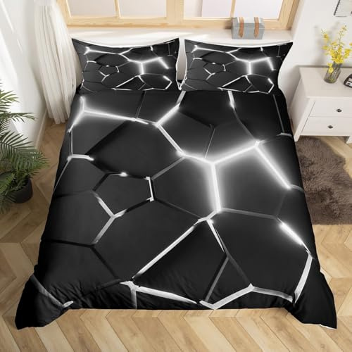 Homemissing Gris Noir Housse de Couette 220x240 Géométrique Ensemble de Literie Nid d'abeille Effets 3D Néon Motifs Polygonaux Parure de Lit Moderne pour Chambre Ruche Hexagonal Housse Couette