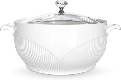 TAOCIGOU Tureen de cerámica con tapa de cristal, cuenco de porcelana con tapa y asas, apto para microondas, lavavajillas y horno, 2,5 L, blanco, redondo (2,5 L)