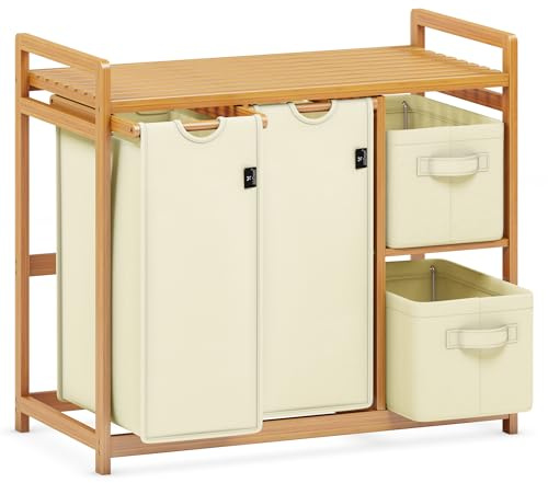 AdelDream Wäschekorb 140L, 4 Fächer Wäschesammler mit Ablage, Bambus | Wäschesortierer mit 2 x 50L Säcken, 2 x 20L Boxen, abnehmbar, Beige