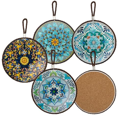 DEANKEJI 4 Pièces Dessous de Plat Ceramique, Céramique Ronde sous Plat de Table, Base en Bois Massif Set de Table Rondpeut Être Utilisé comme Couvercle de Protection pour Cuisinière à Gaz