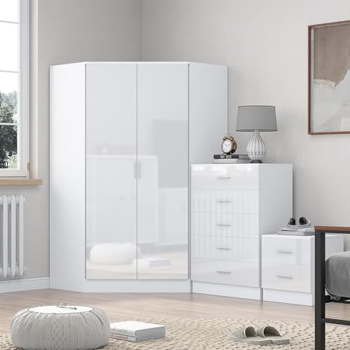 Reflect 2 Door Corner Wardrobe, 5 Drawer Tallboy Chest, 2 Drawer Bedside Table | White Gloss & Matt White Finish | Modern Bedroom Furniture Set