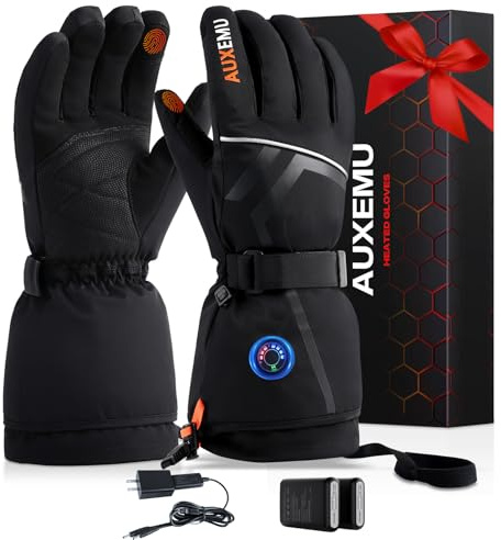 Heated Gloves for Men Women, Auxemu 7.4V Fast Heating 8H Warmth Heated Gloves with Visual Button Touchscreen/Reflective Strip/Waterproof for Motorcycle Riding, Skiing, Outdoor Work(Black, L)