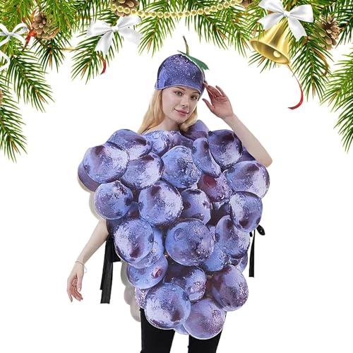 Gihioue Fruktdräkt – lila vindruvor kostym med hatt – realistisk utklädningsdräkt för rollspel, halloween, fest, cosplay, scenuppträdande