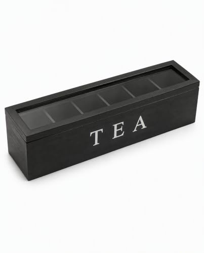 Yechiry 5 Slot Compartment Wooden Tea Box, Storage Organizer, Transparent Acrylic Tea Container with Retro Style, Ideal for Bags, Sugar Packets & Accessories (Black)