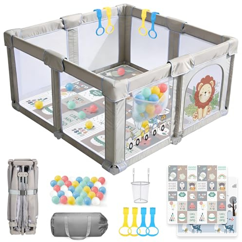 SPYLAVE Parque infantil plegable de 130 x 130 cm, con colchón, tejido Oxford 300D, red transpirable 360°, base antideslizante, parque infantil seguro para bebés, parque infantil (león)