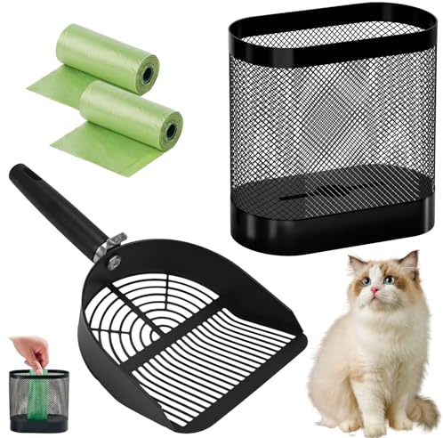 TW1TGOFT Ensemble de pelle à litière en métal pour chat – Pelle à déjections canines avec support, poubelle en maille et sacs à déchets, ensemble portable et durable, grande capacité pour le nettoyage
