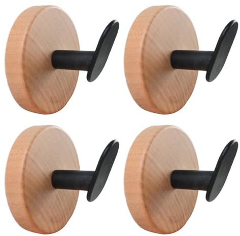 Wandhaken Selbstklebend Holz 4er Set, Klebehaken Ohne Bohren, Handtuchhalter mit Schwarzem L-Haken Metall, Rundes Naturholz Design für Bad Küche Schlafzimmer Flur