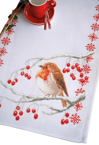 VERVACO Centrotavola Tela Aida Robin Biancheria da Tavola Set Fai da Te Punto Croce Contato Kit Hobby Creativi Adulti Casa Decor Cross Stitch Runner, Misto Cotone, Multicolor, 32 x 84 cm