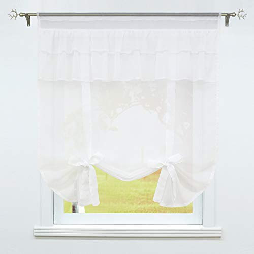 SCHOAL Raffrollo Küche Raffgardine mit Tunnelzug Bindegardine Weiß Leinen Gardinen Modern Vorhänge BxH 100x140cm 1 Stück Weiß