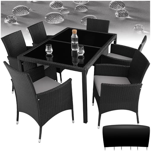 tectake® Set da Giardino in polyrattan, 6 Sedie, 1 Tavolo, Molto Pratico, Sedie con Piedini in plastica Anti-graffio, Salotto da Giardino Esterno, Tavolo da Giardino Con Sedie - Nero/Grigio