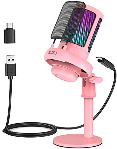 NJSJ Gaming Mikrofon PC, USB Microphone für PC/PS4/PS5/Mac/Telefon, Kondensatormikrofon USBC mit Touch-Stummschaltung, Brillante RGB-Beleuchtung, Kopfhöreranschluss für Streaming(Rosa)