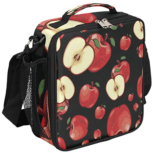 Lonchera de manzanas rojas, lonchera negra con aislamiento, bolsa de almuerzo térmica con correa de hombro ajustable extraíble para mujeres y hombres, oficina, picnic