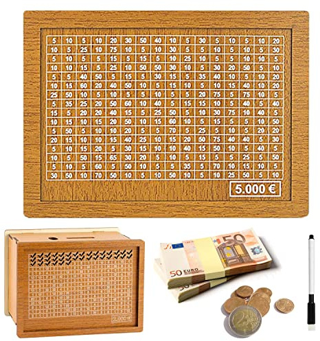 May Huang Spardose Holz, Spardose mit Sparziel und Zahlen zum Ankreuzen, Sparbox, Geldkassette mit Zähler, Sparschwein für Hilft Erwachsene und Kindern Die Gewohnheit Zum Sparen Zu (5000€)