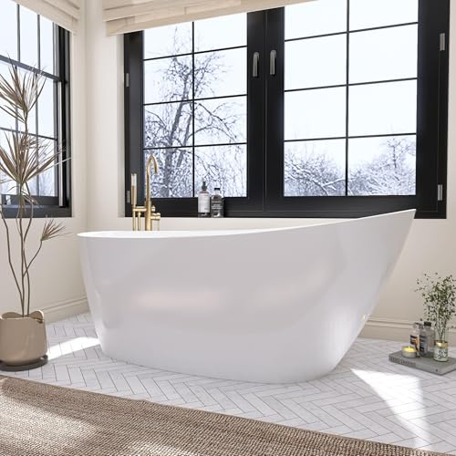 59 Free Standing Tub, Pure Acrylic Freestanding Bathtub, Stylish Stand Alone Contemporary Deep Soaking Bath Tub, cUPC Certified SY9950 (Glossy White)