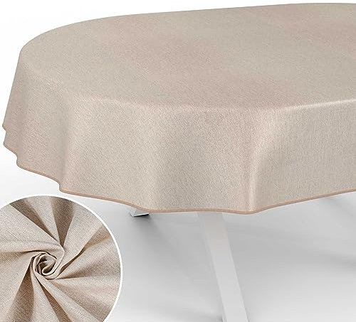 Stoff Tischdecke Textil Tischwäsche Tischtuch Baumwolle Polyester abwaschbar Uni Ornament Damast Jacquard Gewebe waschbar Beige Grau Oval 260x140cm mit Saum (Eingefasst)