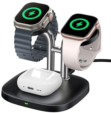 SwanScout Doppel Watch Ladestation für Apple Watch 11/Ultra 3/10/9/SE 3 | 5W Schnell Ladestation für Airpods Pro/4/3, für Apple Watch 8/7/6/5, SwanScout 704A (ohne Adapter)