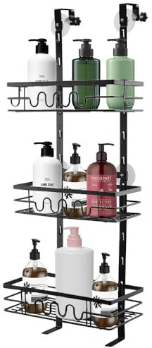 Salubohum Mensole doccia sospese, mensola doccia senza foratura, con 3 piani e cestino regolabile. progettate per porte in vetro senza cornice. Comode per appendere shampoo e bagnoschiuma (nero)