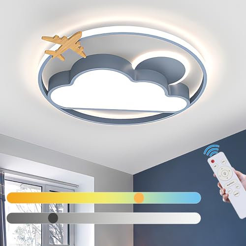LED Deckenleuchte Dimmbar mit Fernbedienung Holz Deckenlampe Kinderzimmer Wolken Flugzeug Nachtlicht 3000K-6000K Kinderlampe für Jungen Mädchen Schlafzimmer Babyzimmer Wohnzimmer Deckenbeleuchtung